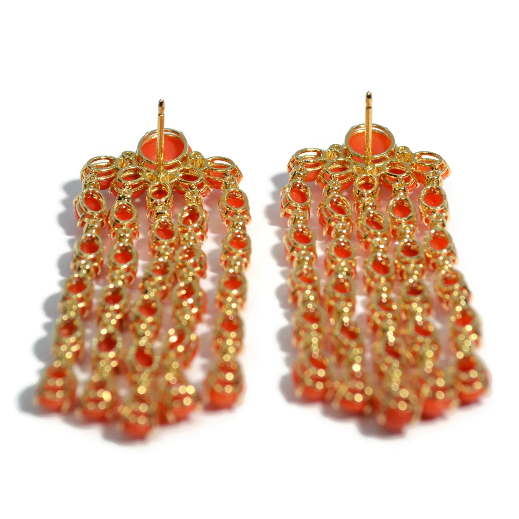 Nightlife - Chandelier Earrings with Red Coral and Diamonds, 18k Yellow Gold