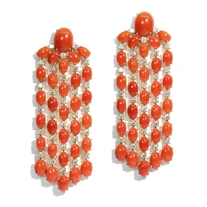 Nightlife - Chandelier Earrings with Red Coral and Diamonds, 18k Yellow Gold