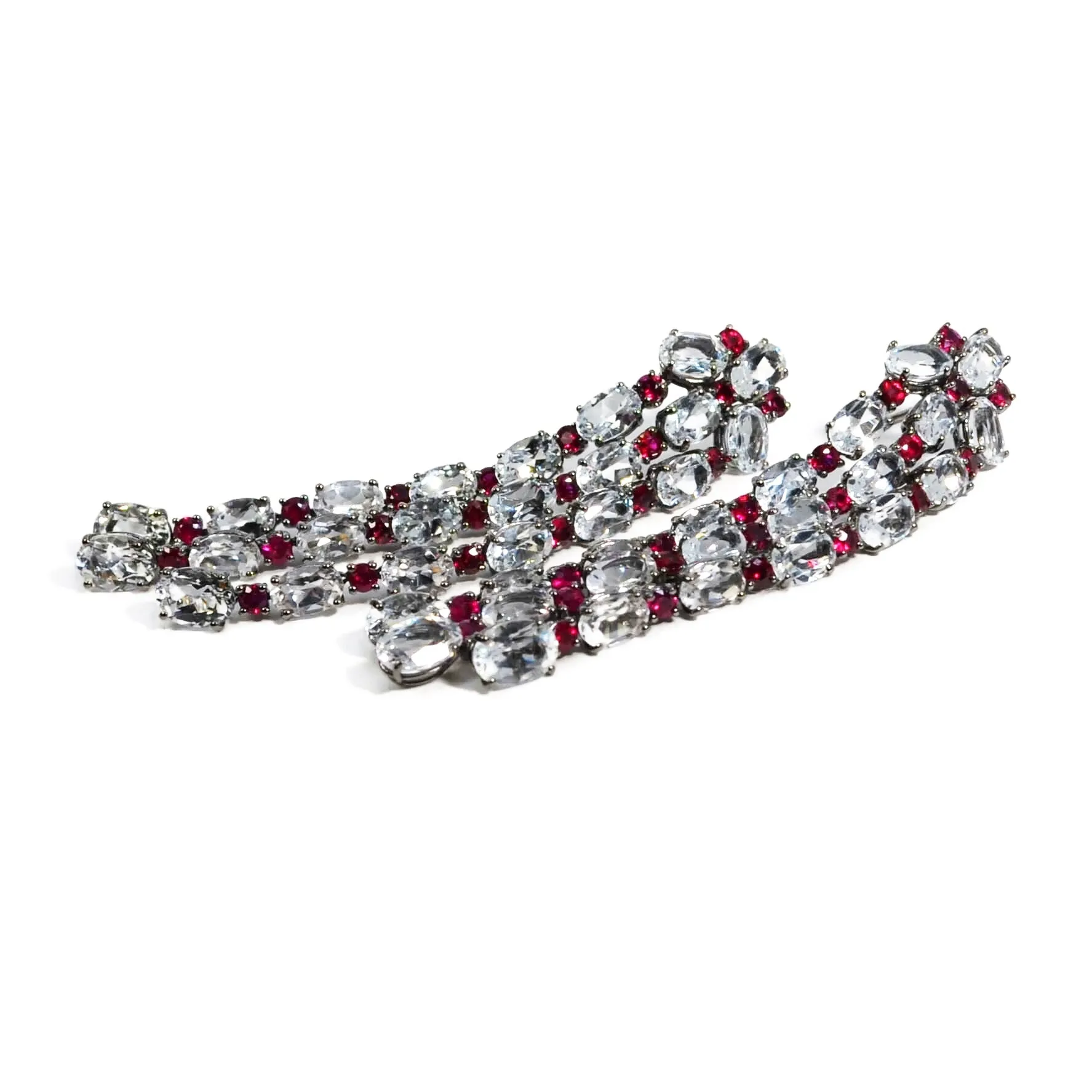 Nightlife - Chandelier Earrings with White Topaz and Rubies, 18k Blackened Gold