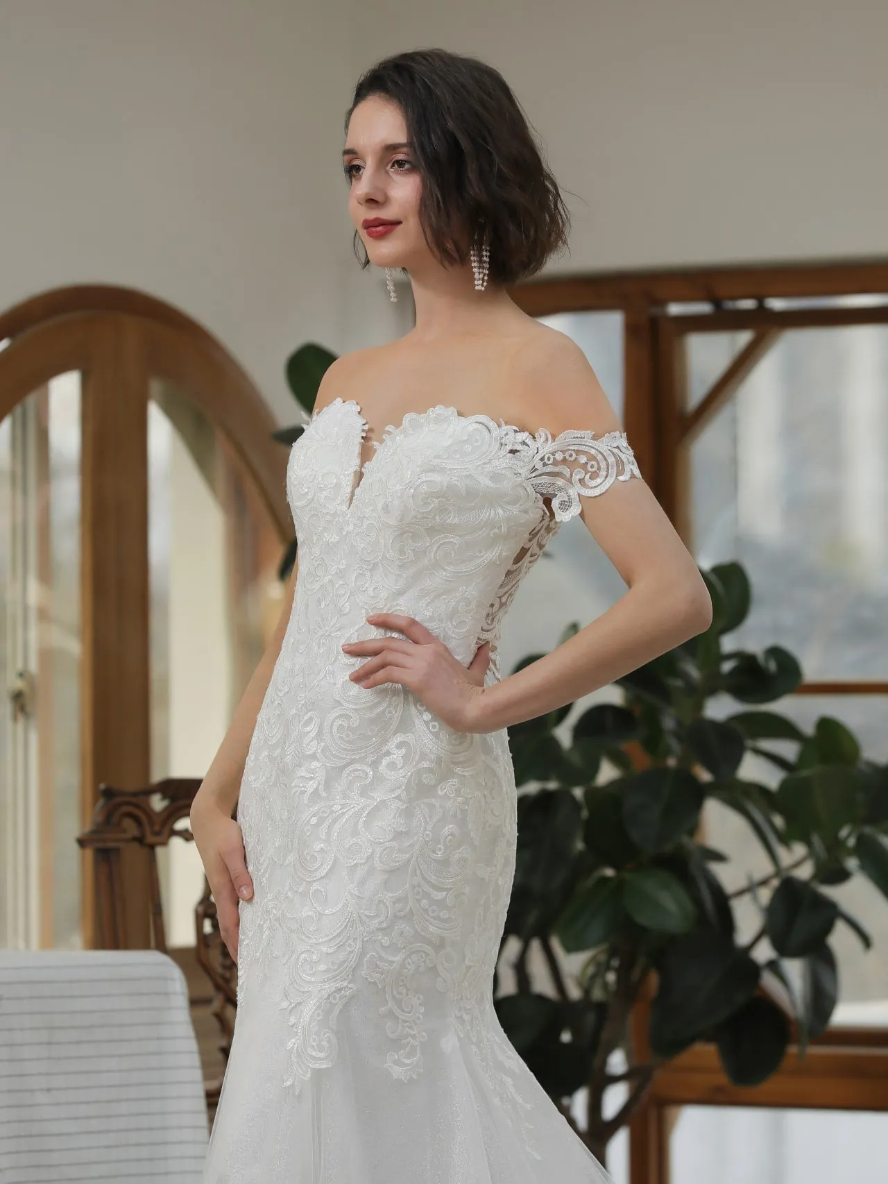 Off Shoulder Sequin Lace Glitter Tulle Fit & Flare Wedding Dress | Blair