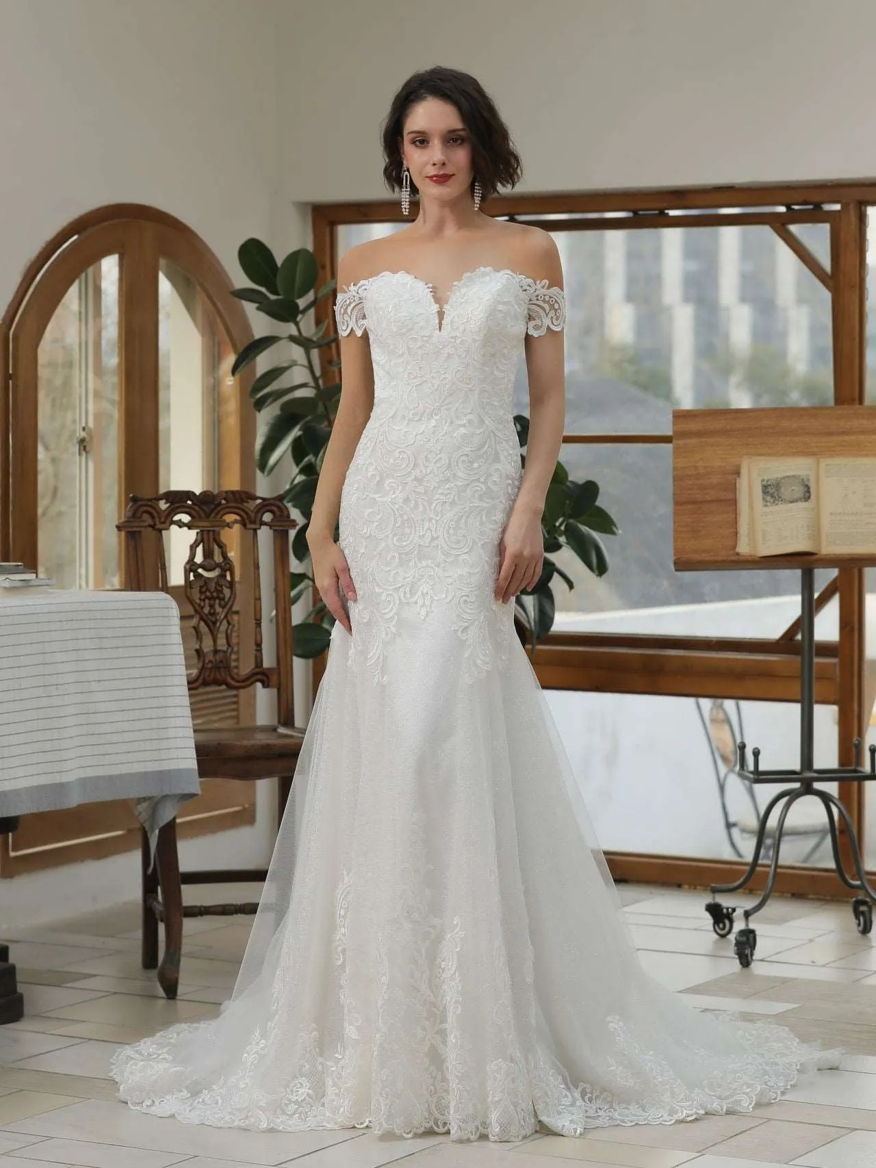 Off Shoulder Sequin Lace Glitter Tulle Fit & Flare Wedding Dress | Blair
