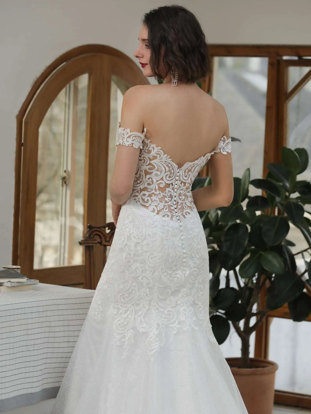 Off Shoulder Sequin Lace Glitter Tulle Fit & Flare Wedding Dress | Blair