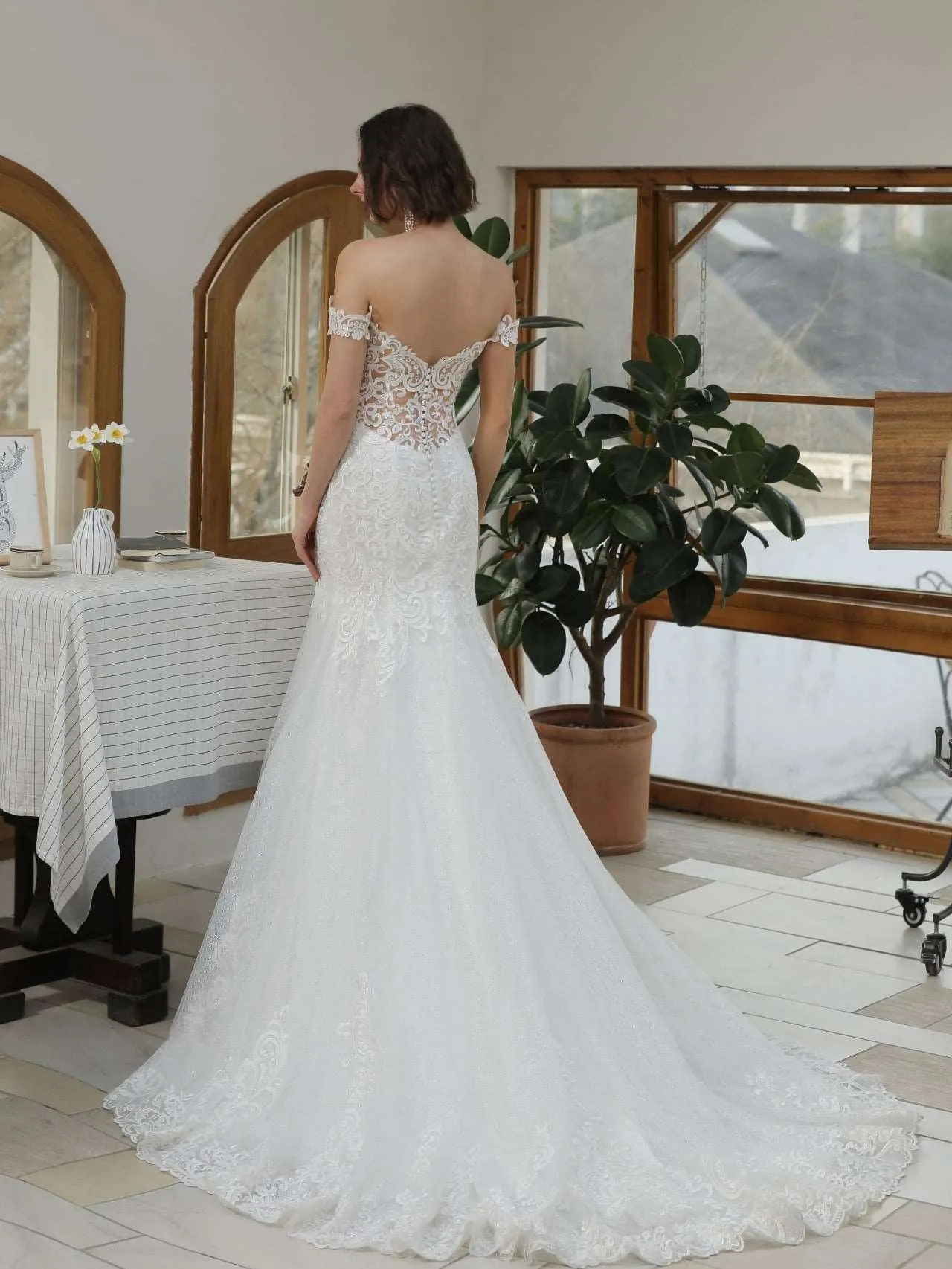Off Shoulder Sequin Lace Glitter Tulle Fit & Flare Wedding Dress | Blair