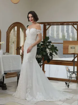 Off Shoulder Sequin Lace Glitter Tulle Fit & Flare Wedding Dress | Blair