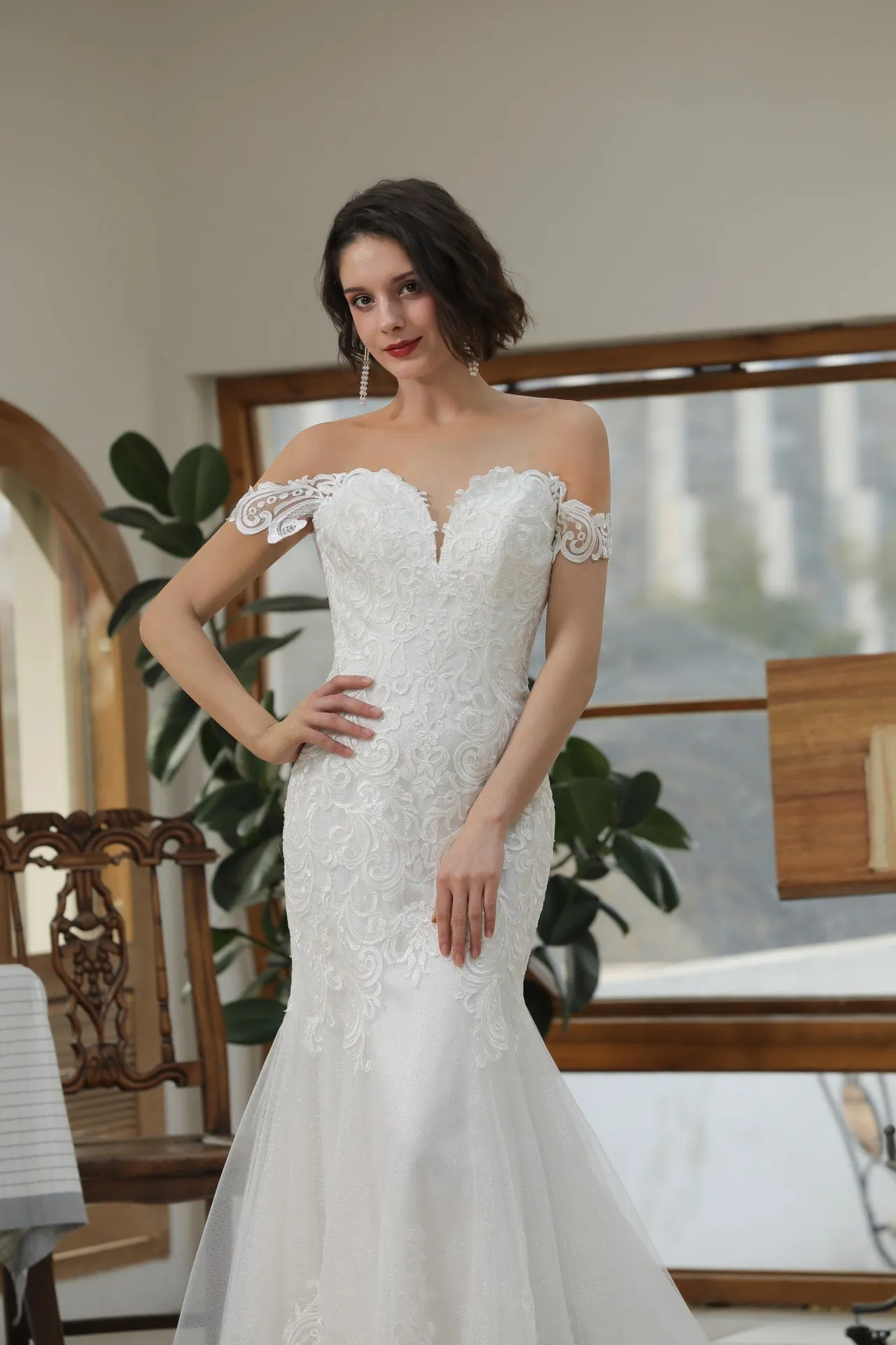 Off Shoulder Sequin Lace Glitter Tulle Fit & Flare Wedding Dress | Blair