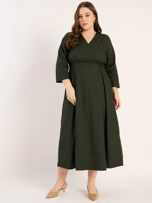 Olive Pleat Detailing Poplin Maxi Dress