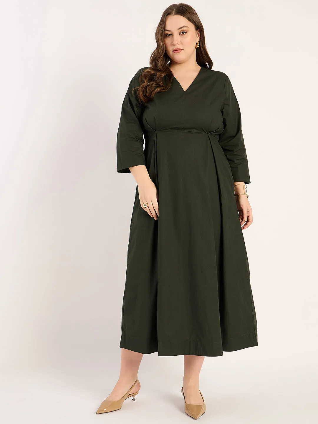 Olive Pleat Detailing Poplin Maxi Dress