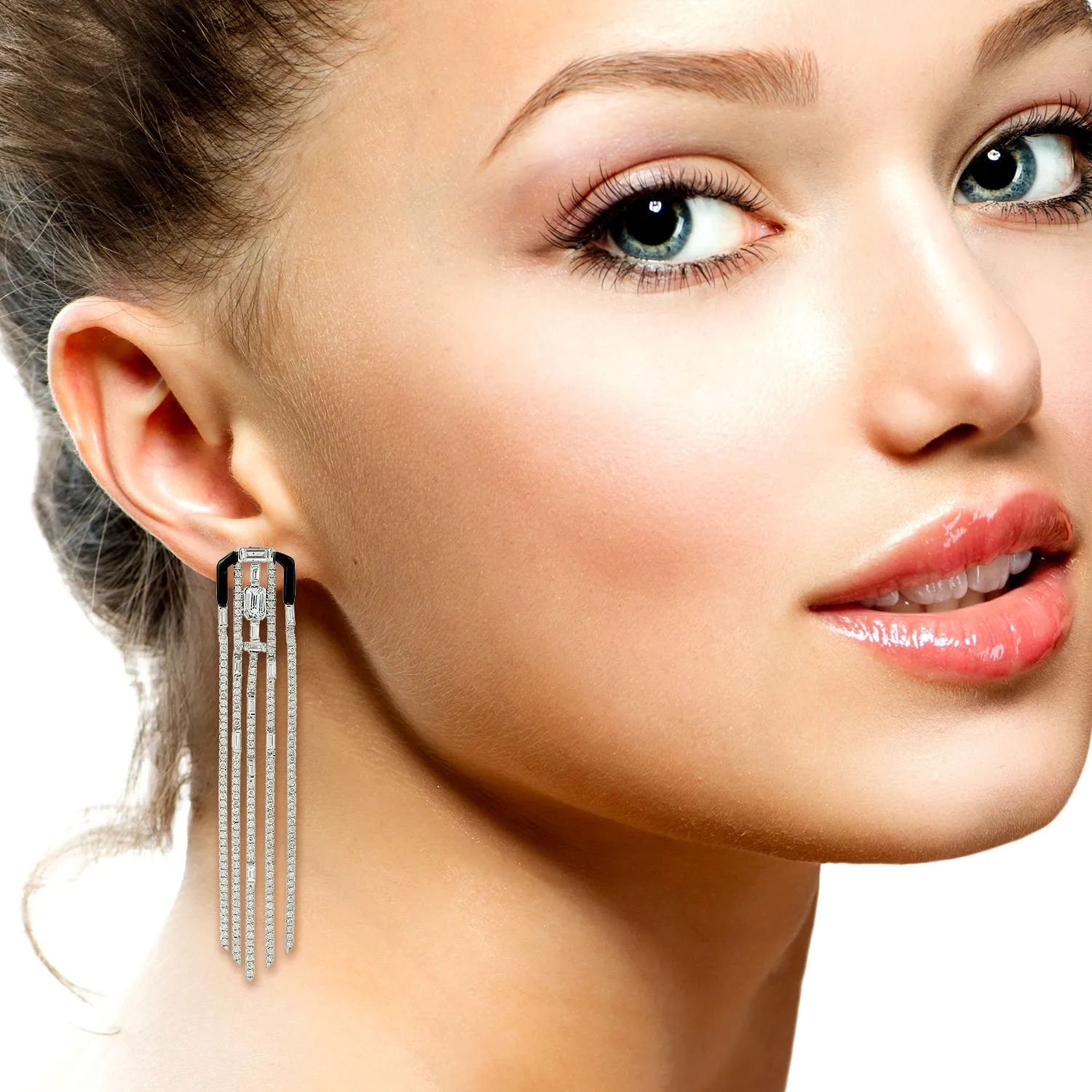 Onyx Gemstone Pave Diamond Chandelier Earrings In 18K White Gold Jewelry