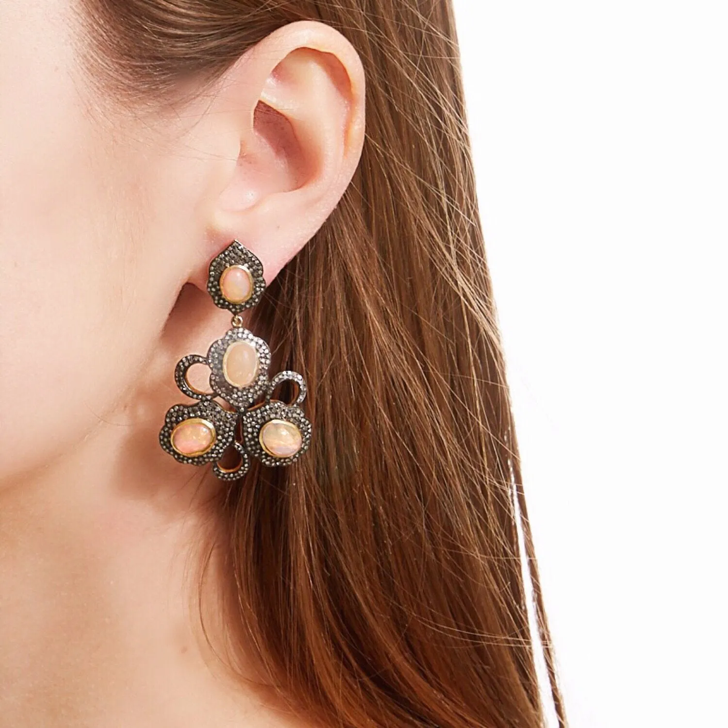 Opal Diamond Floral Chandelier Earrings