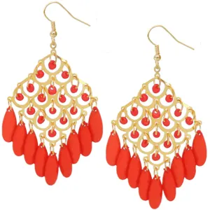 Orange Coral Dangle Bead Chandelier Earrings