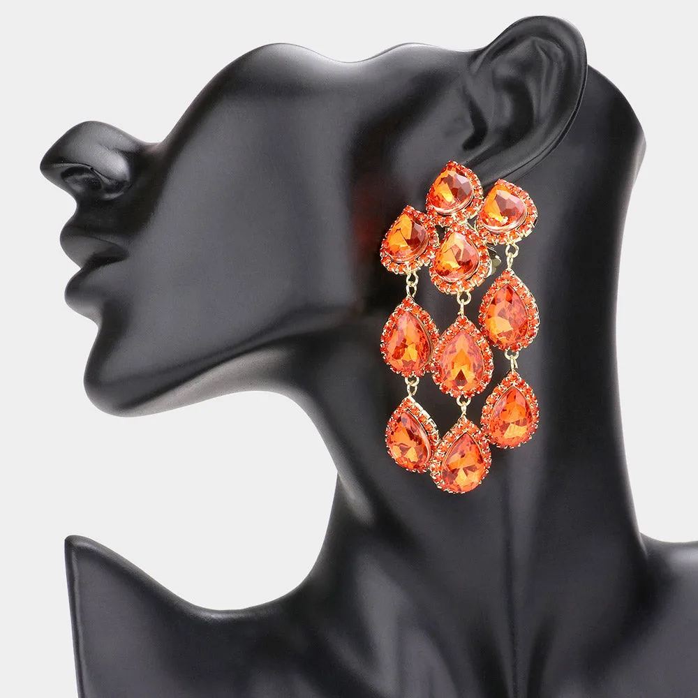 Orange Multi Teardrop Clip On Chandelier Earrings | Prom Jewelry | 583786