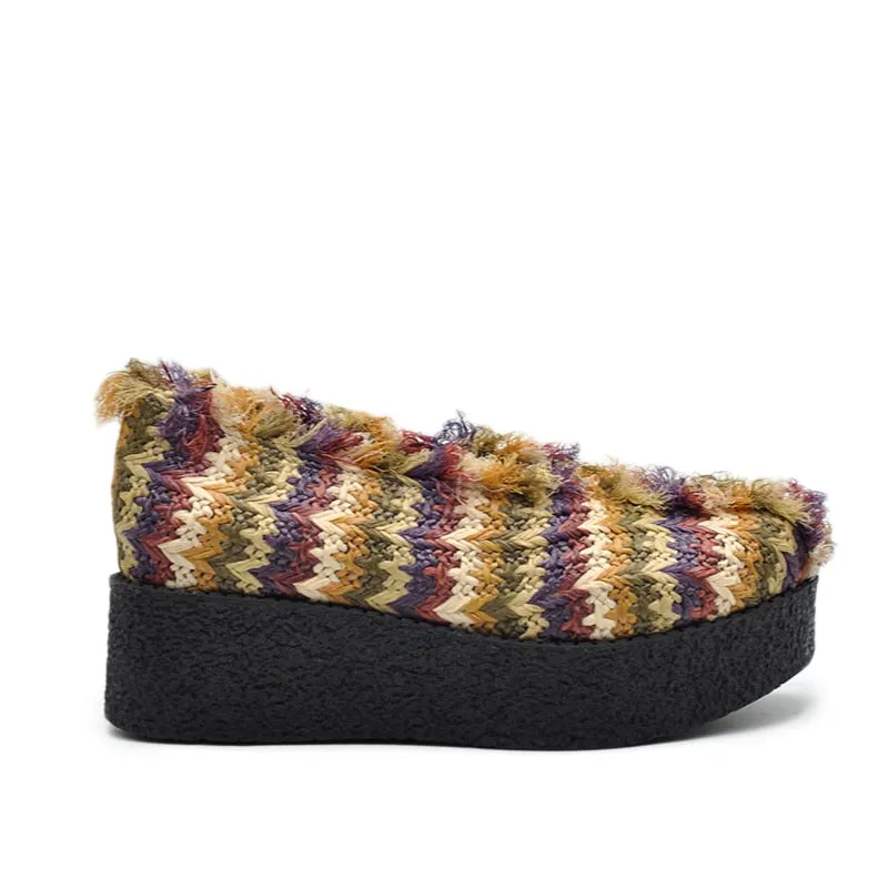 Origional Contrast Color Stripes Platform Shoes Women's Wedge Heels Handmade Women Shoes Round Toe Thick Sole Shoes