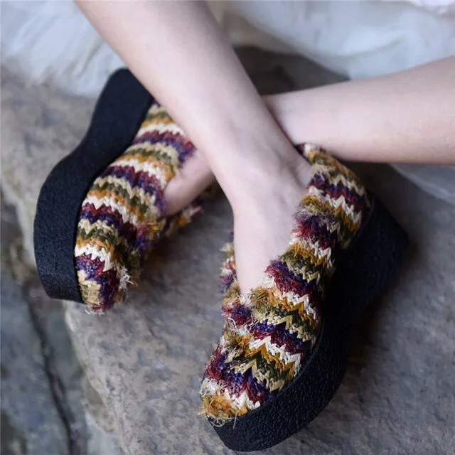Origional Contrast Color Stripes Platform Shoes Women's Wedge Heels Handmade Women Shoes Round Toe Thick Sole Shoes
