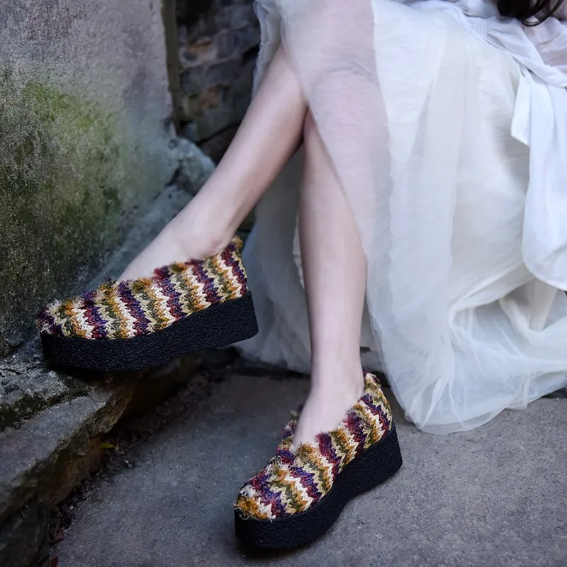 Origional Contrast Color Stripes Platform Shoes Women's Wedge Heels Handmade Women Shoes Round Toe Thick Sole Shoes