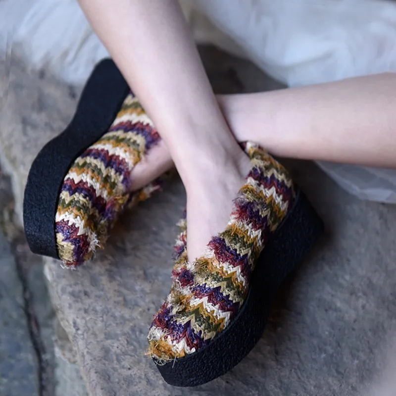 Origional Contrast Color Stripes Platform Shoes Women's Wedge Heels Handmade Women Shoes Round Toe Thick Sole Shoes