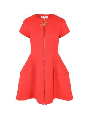 Oscar de la Renta Cap Sleeve Zip-Front Bonded Dress in Vermillion