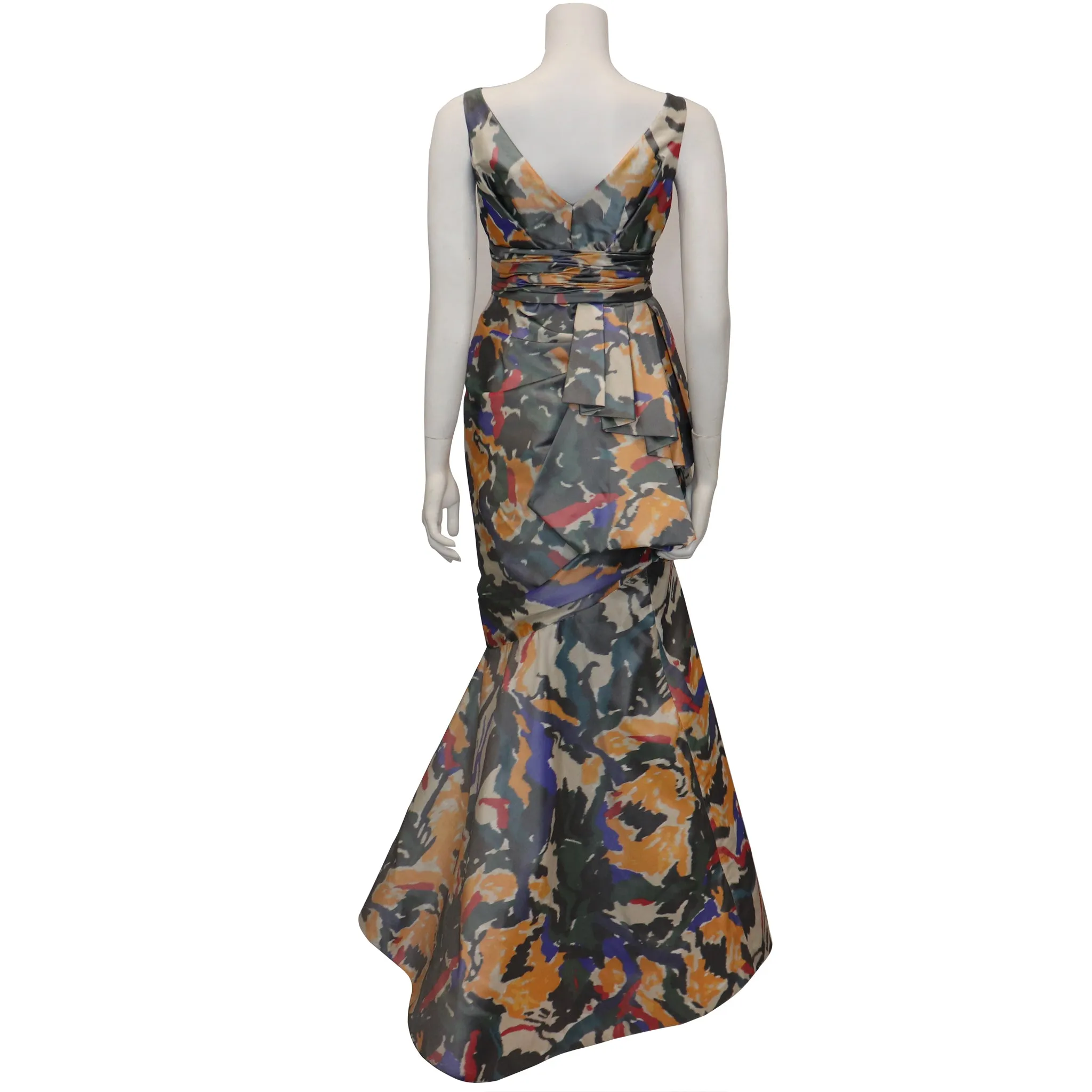 Oscar De La Renta Multicolor Warp Print Gown w/ Gathers