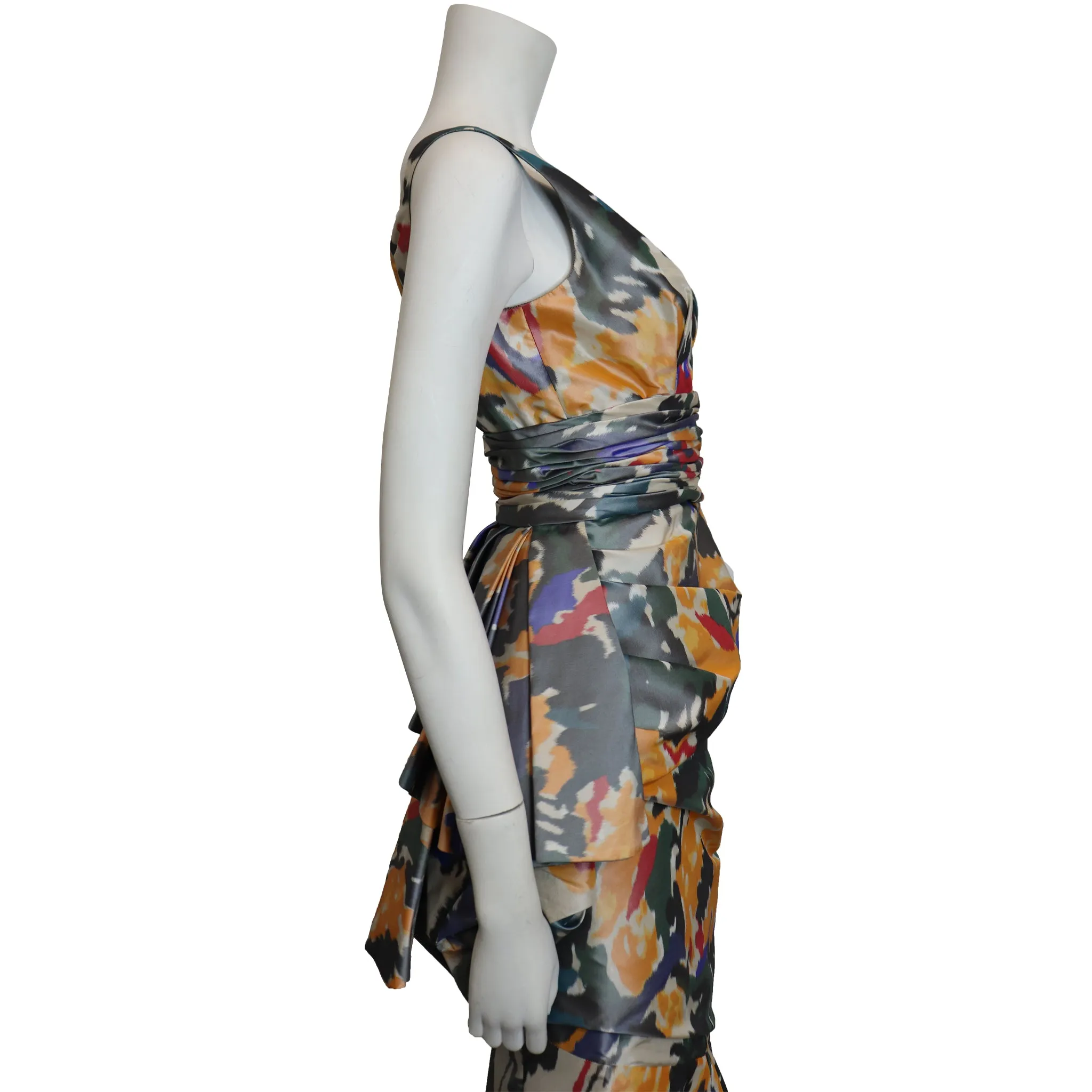 Oscar De La Renta Multicolor Warp Print Gown w/ Gathers