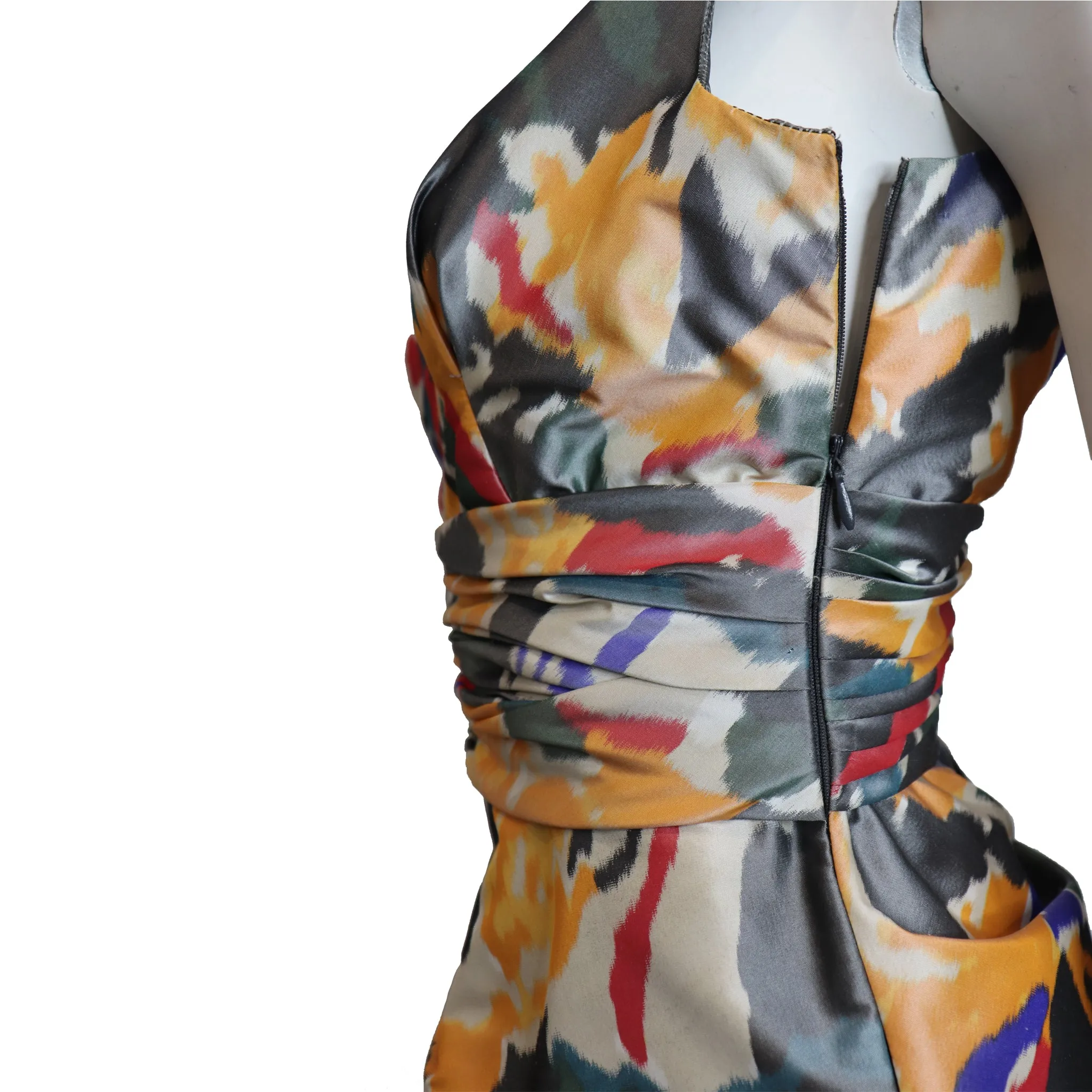 Oscar De La Renta Multicolor Warp Print Gown w/ Gathers