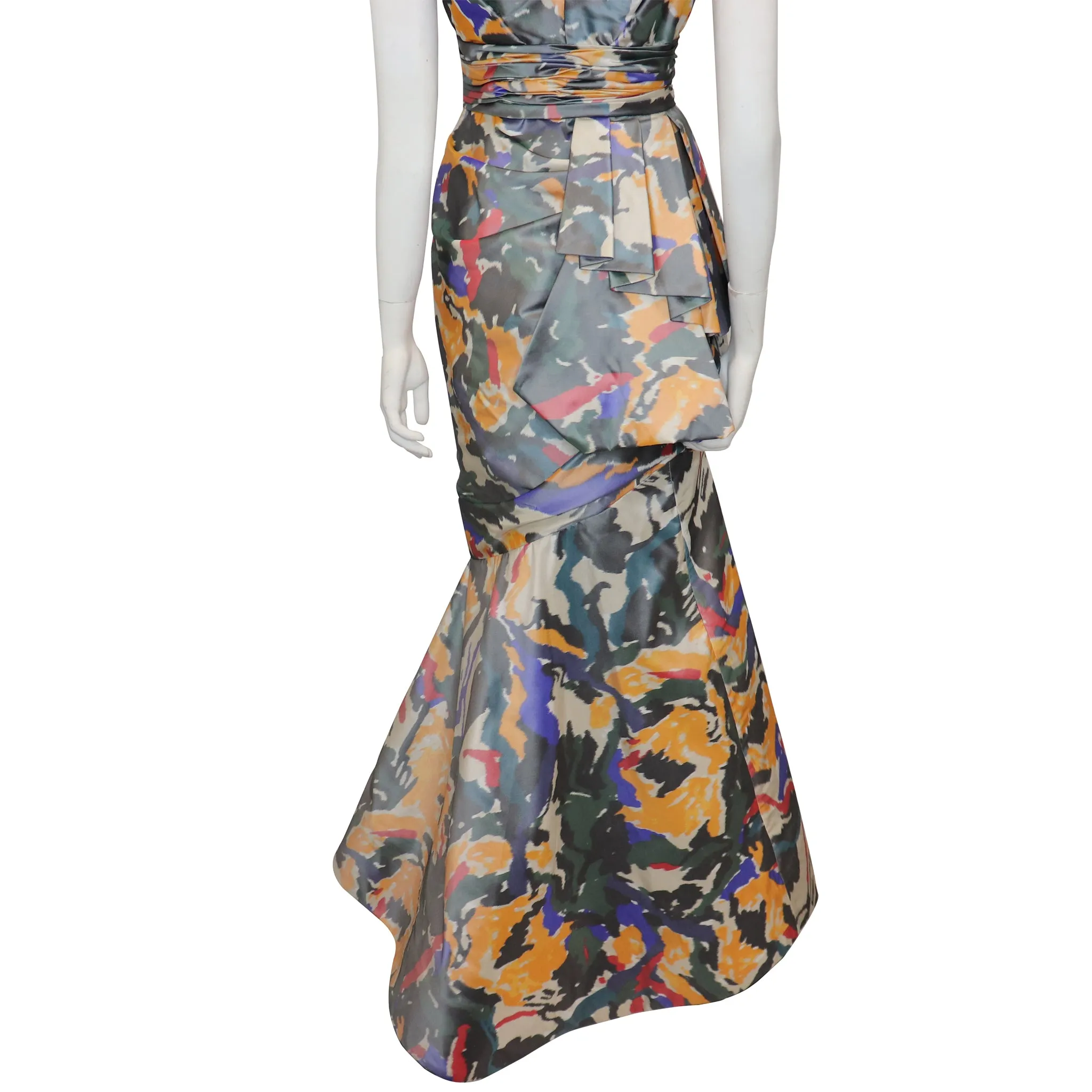 Oscar De La Renta Multicolor Warp Print Gown w/ Gathers