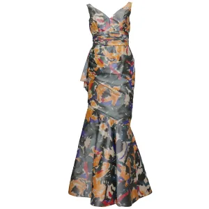 Oscar De La Renta Multicolor Warp Print Gown w/ Gathers