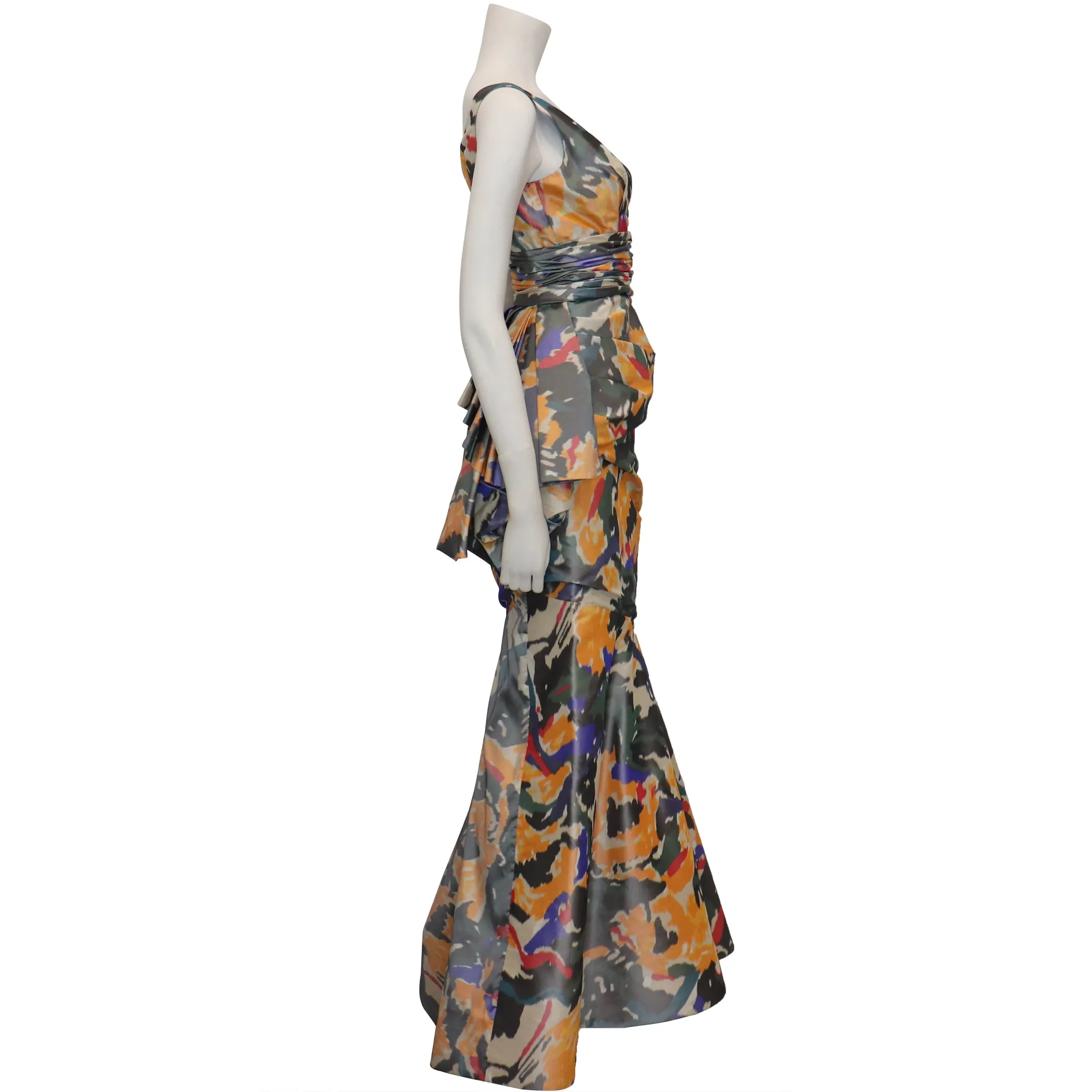 Oscar De La Renta Multicolor Warp Print Gown w/ Gathers