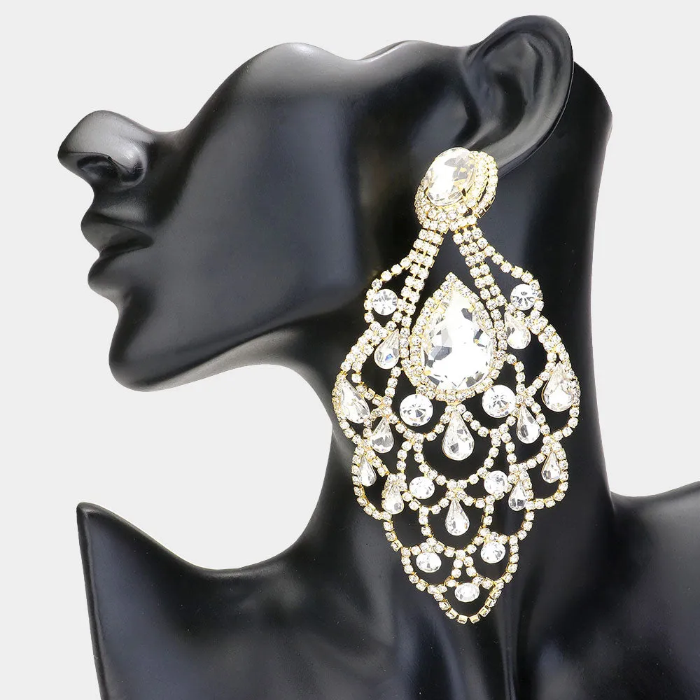 Oversize Clear Teardrop Stone Chandelier Statement Earrings on Gold| Pageant Earrings | 618869