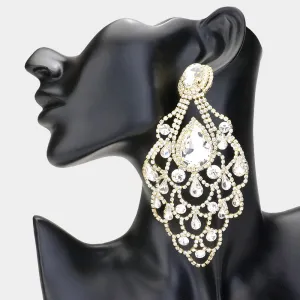 Oversize Clear Teardrop Stone Chandelier Statement Earrings on Gold| Pageant Earrings | 618869