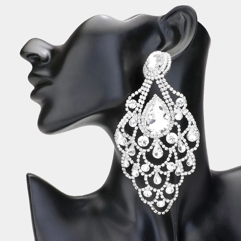 Oversize Clear Teardrop Stone Chandelier Statement Earrings | Pageant Earrings | 618867