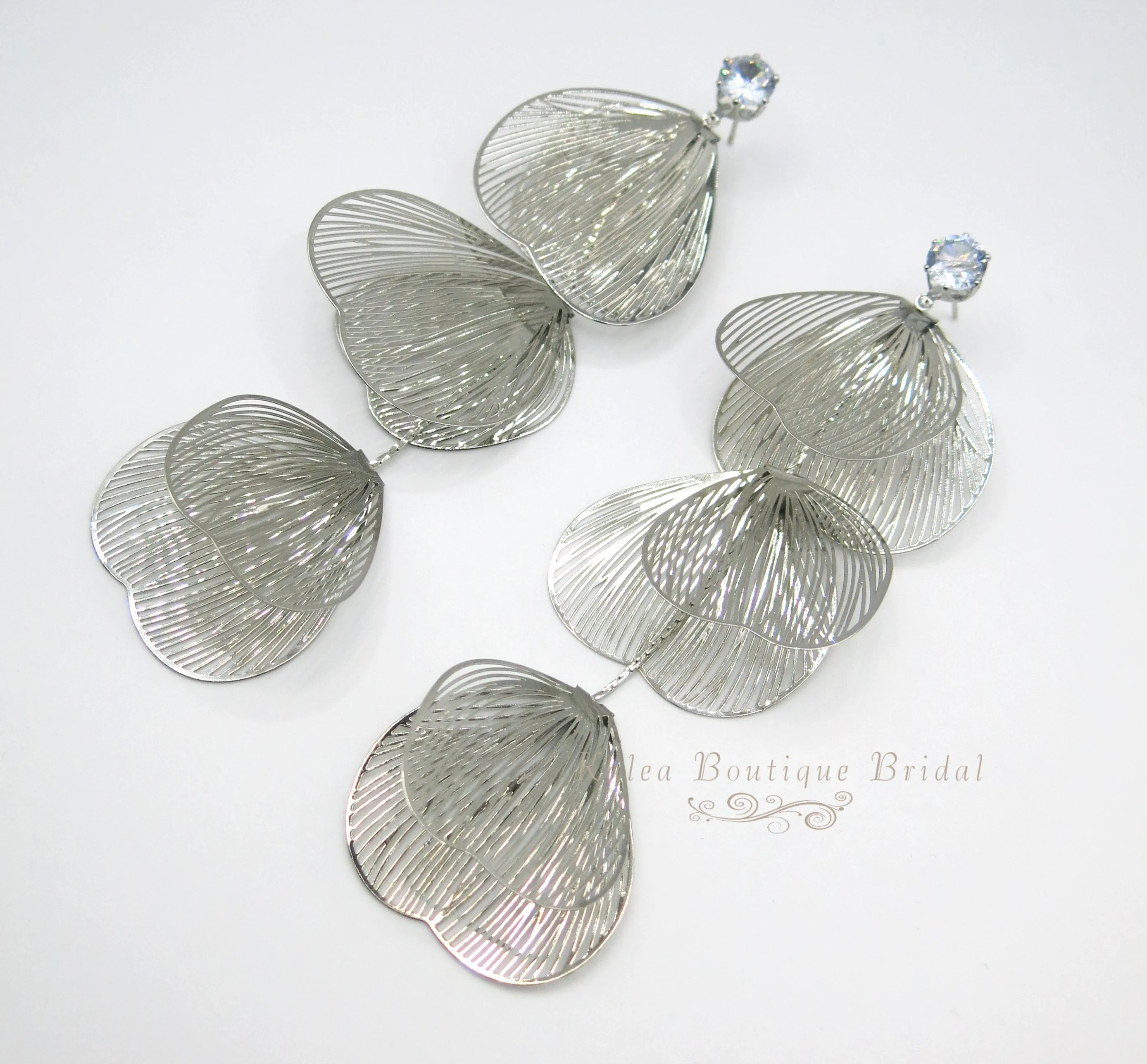 Oversize Dangle Leaf Earrings, Wedding Laser Cut Long Bridal Earrings, Flower Hair Comb or Floral Y Shape Chain Necklace