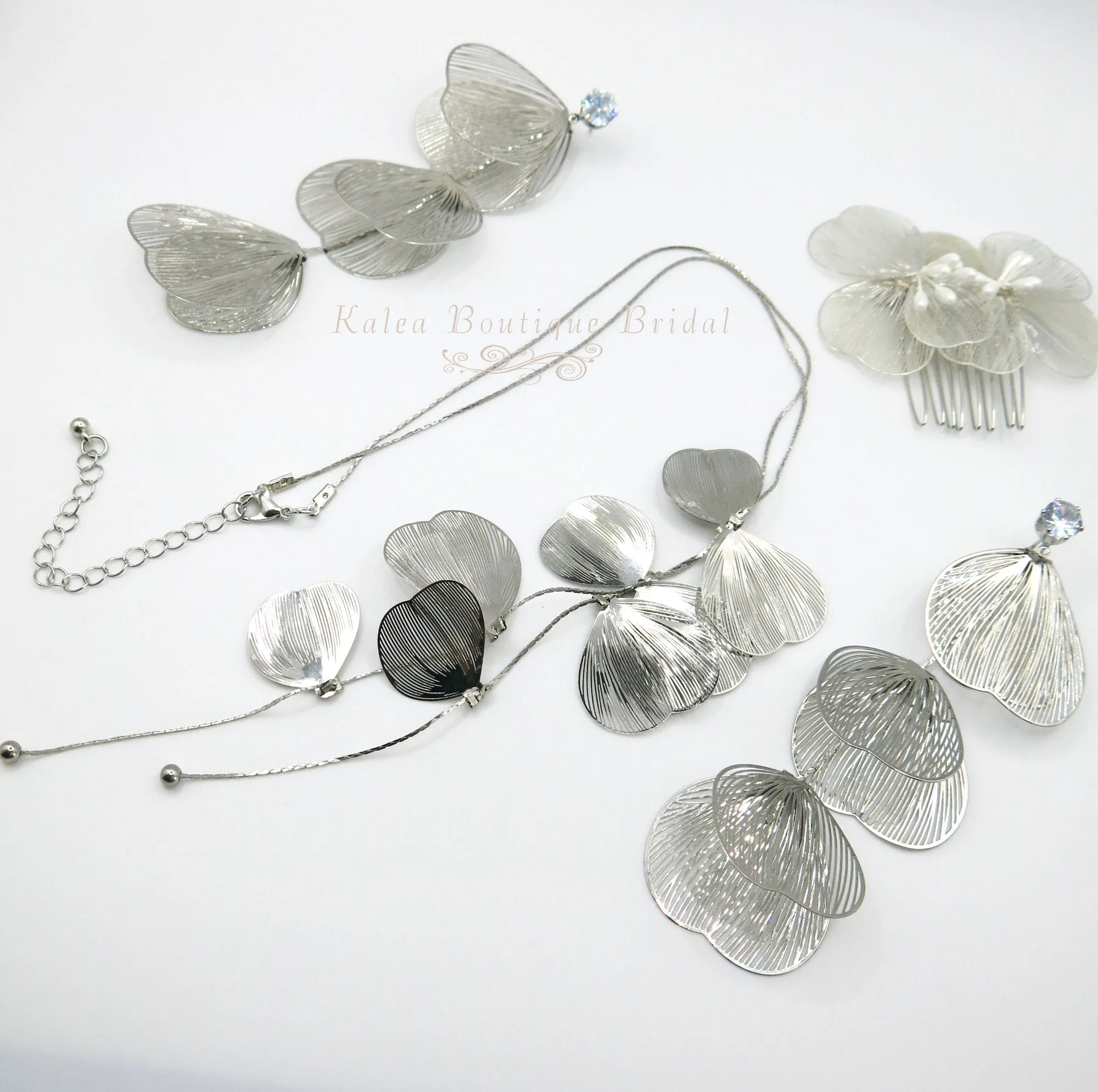 Oversize Dangle Leaf Earrings, Wedding Laser Cut Long Bridal Earrings, Flower Hair Comb or Floral Y Shape Chain Necklace