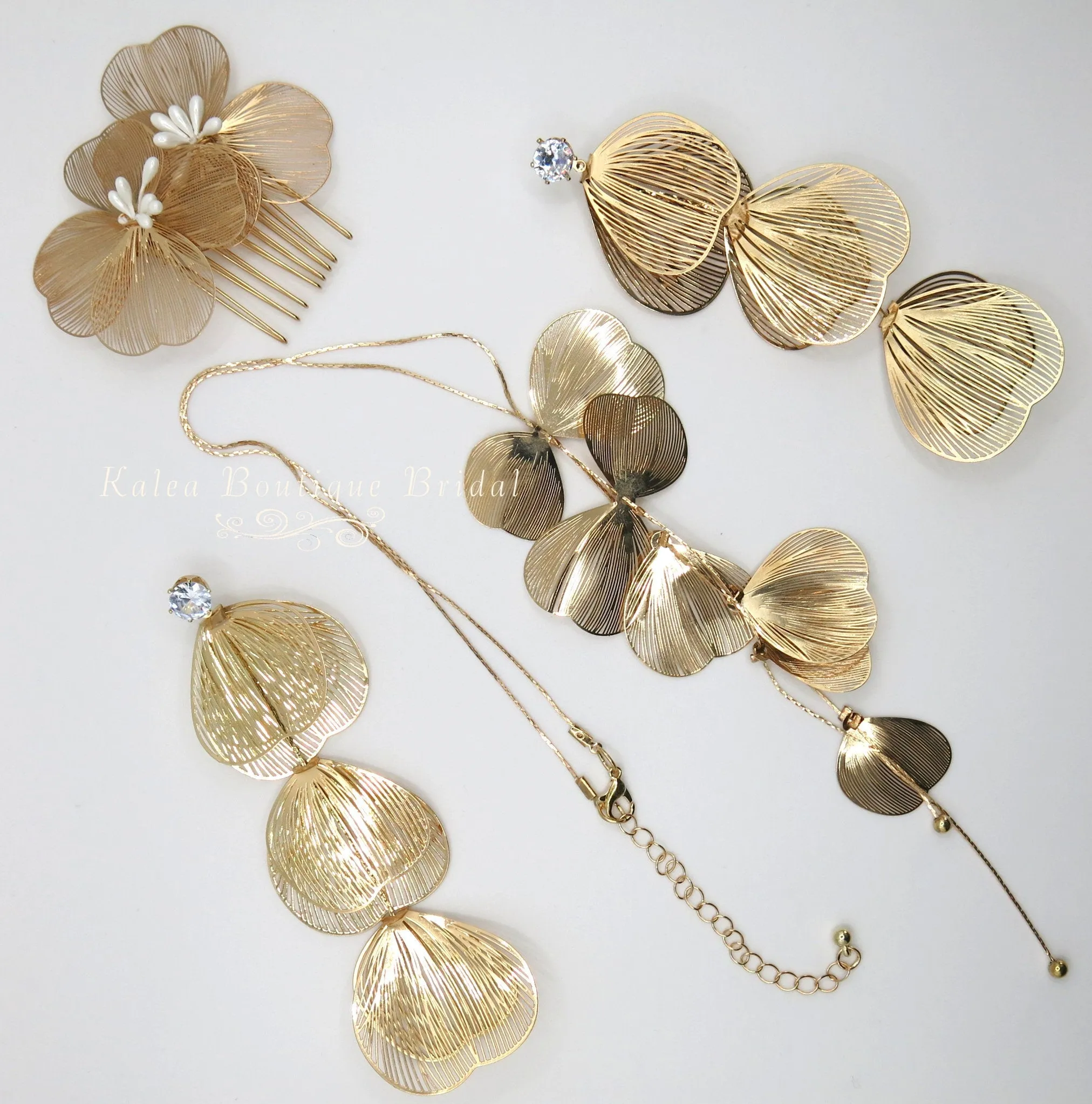 Oversize Dangle Leaf Earrings, Wedding Laser Cut Long Bridal Earrings, Flower Hair Comb or Floral Y Shape Chain Necklace