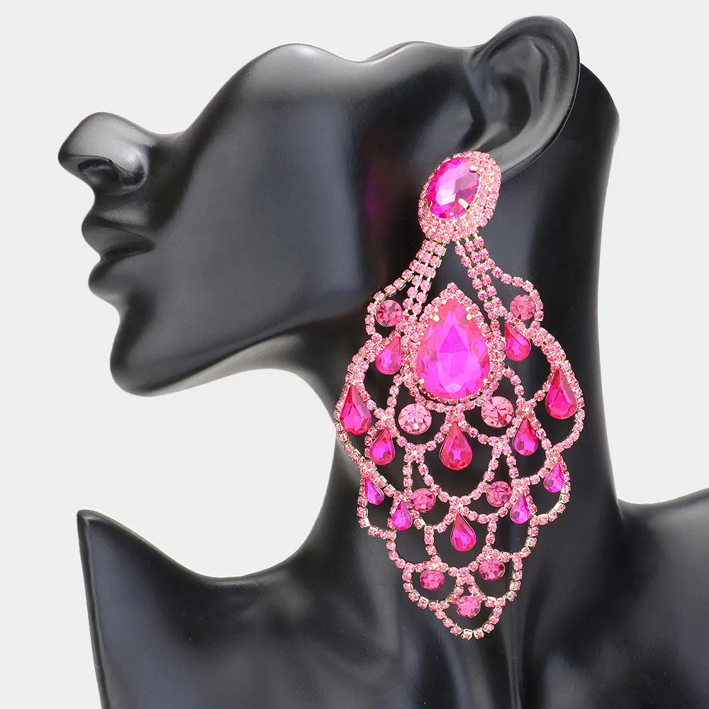 Oversize Fuchsia Teardrop Stone Chandelier Statement Earrings | Pageant Earrings | 618872
