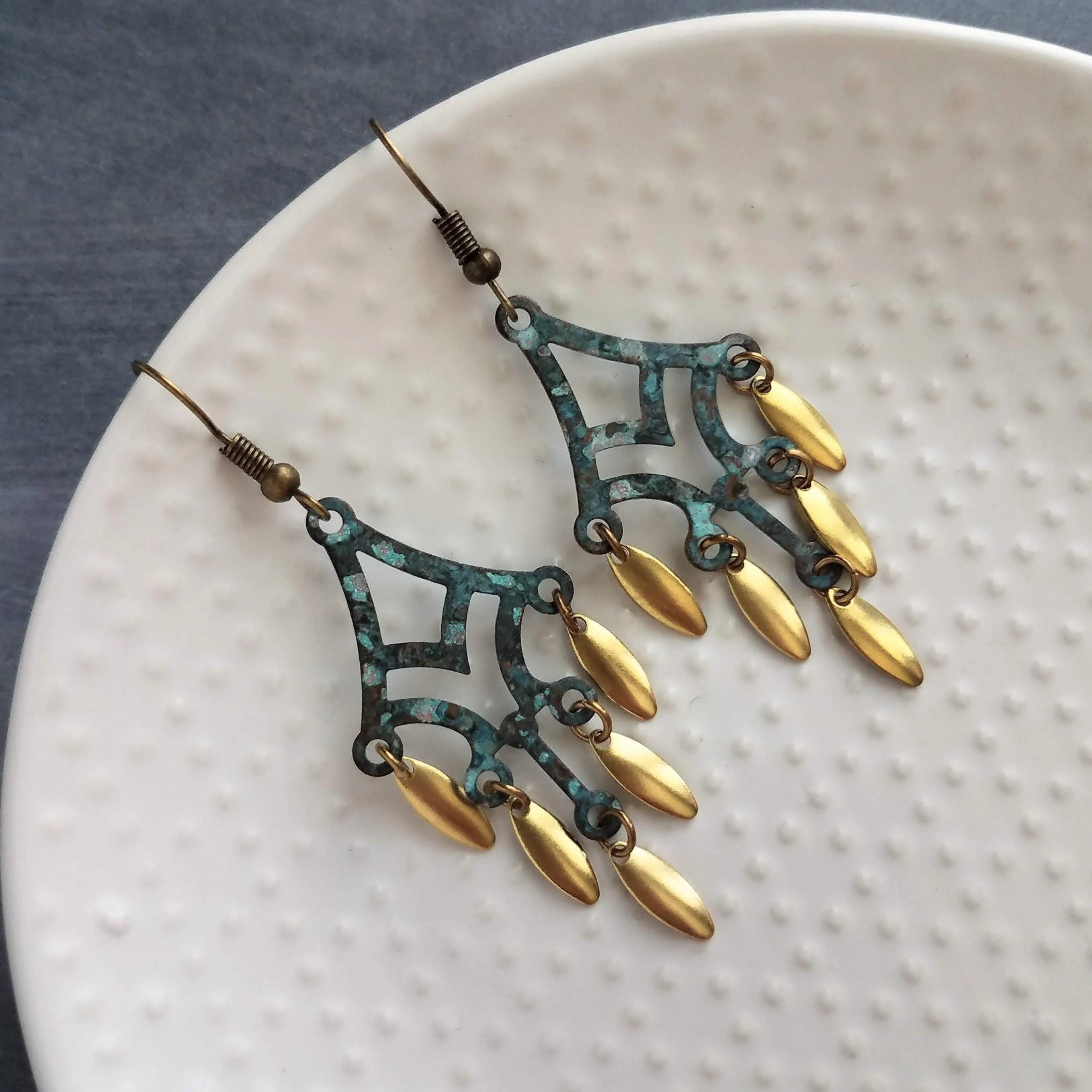 Patina Chandelier Earrings, bronze chandelier earring, large earring, extra long earring, verdigris patina, gold oval dangle, fringe earring