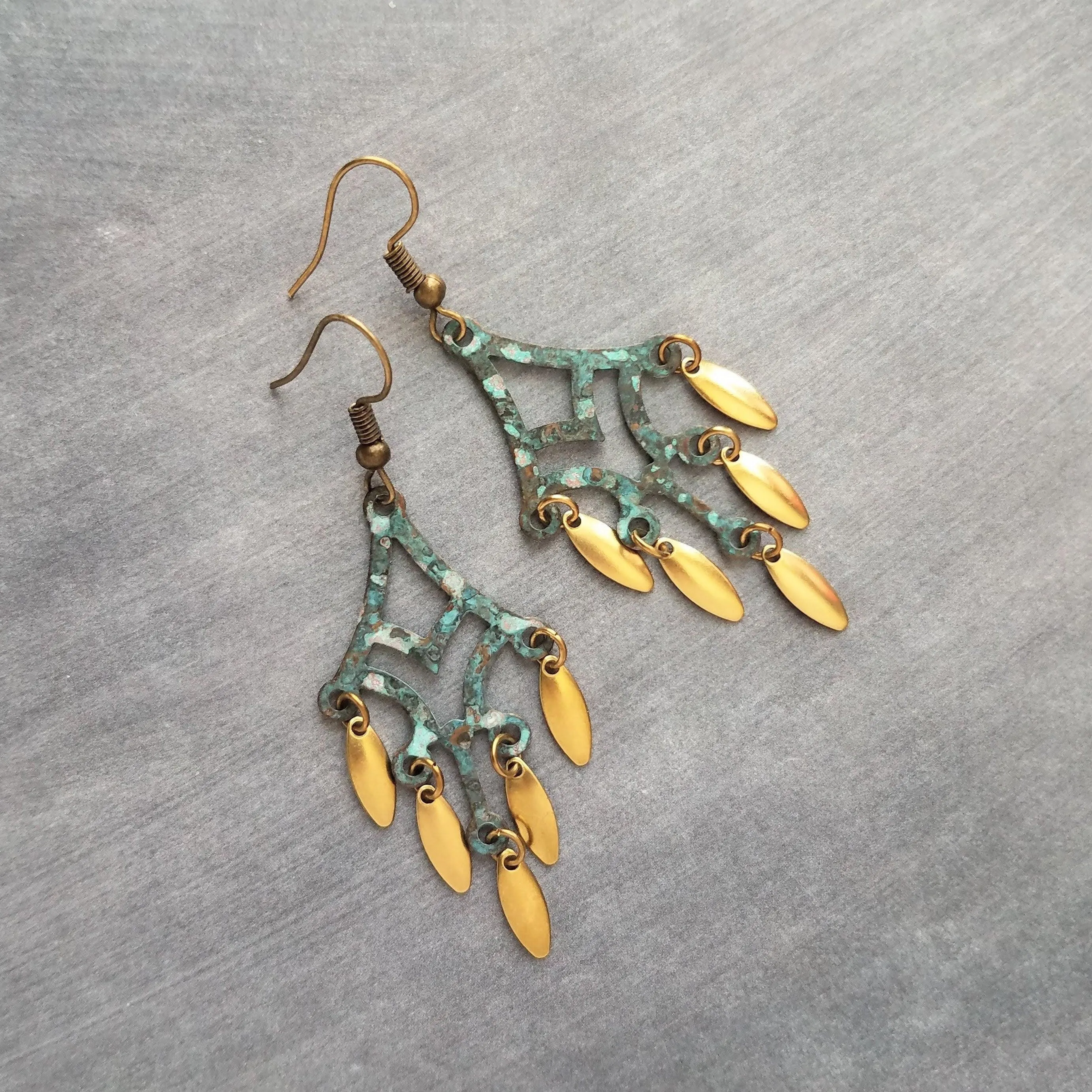 Patina Chandelier Earrings, bronze chandelier earring, large earring, extra long earring, verdigris patina, gold oval dangle, fringe earring