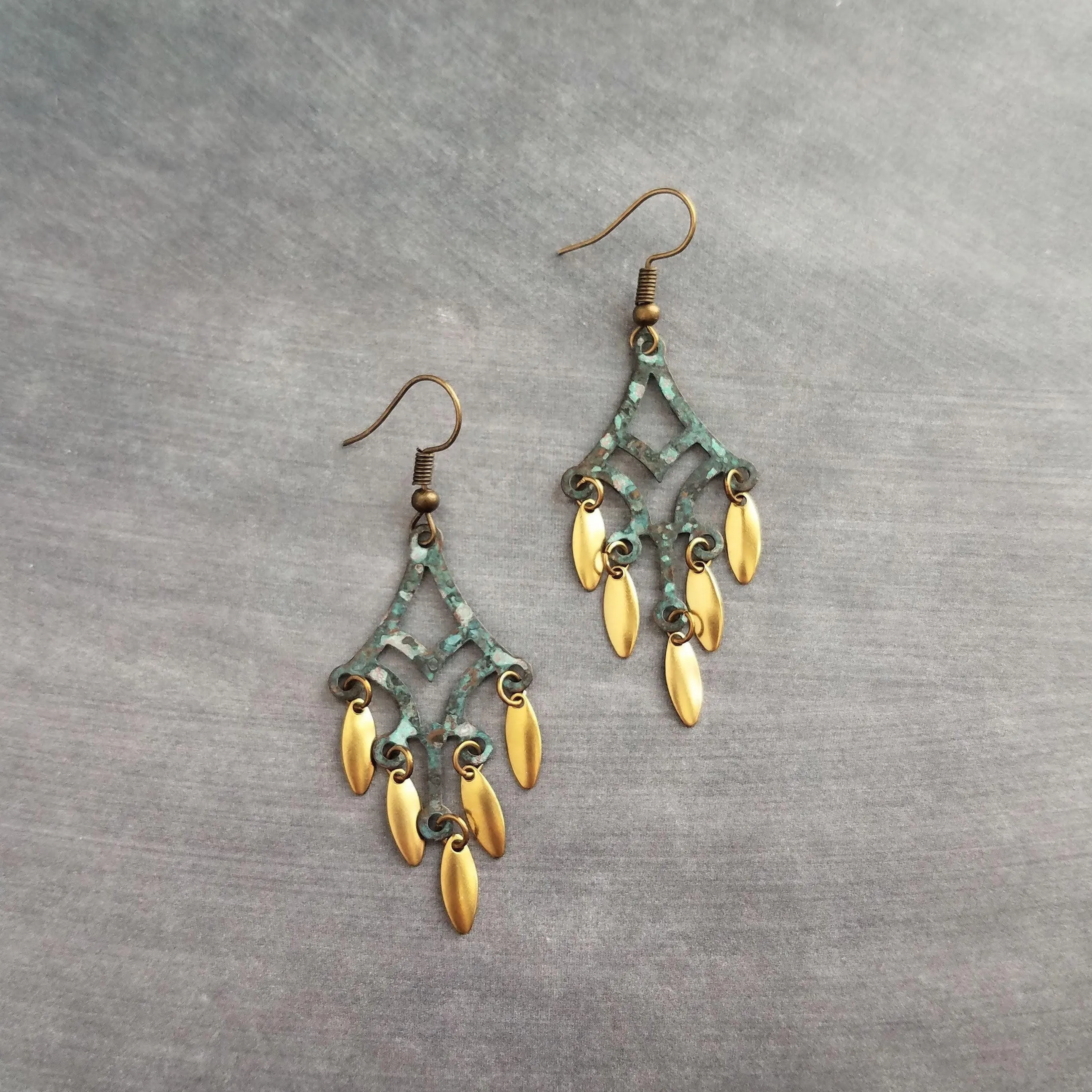 Patina Chandelier Earrings, bronze chandelier earring, large earring, extra long earring, verdigris patina, gold oval dangle, fringe earring