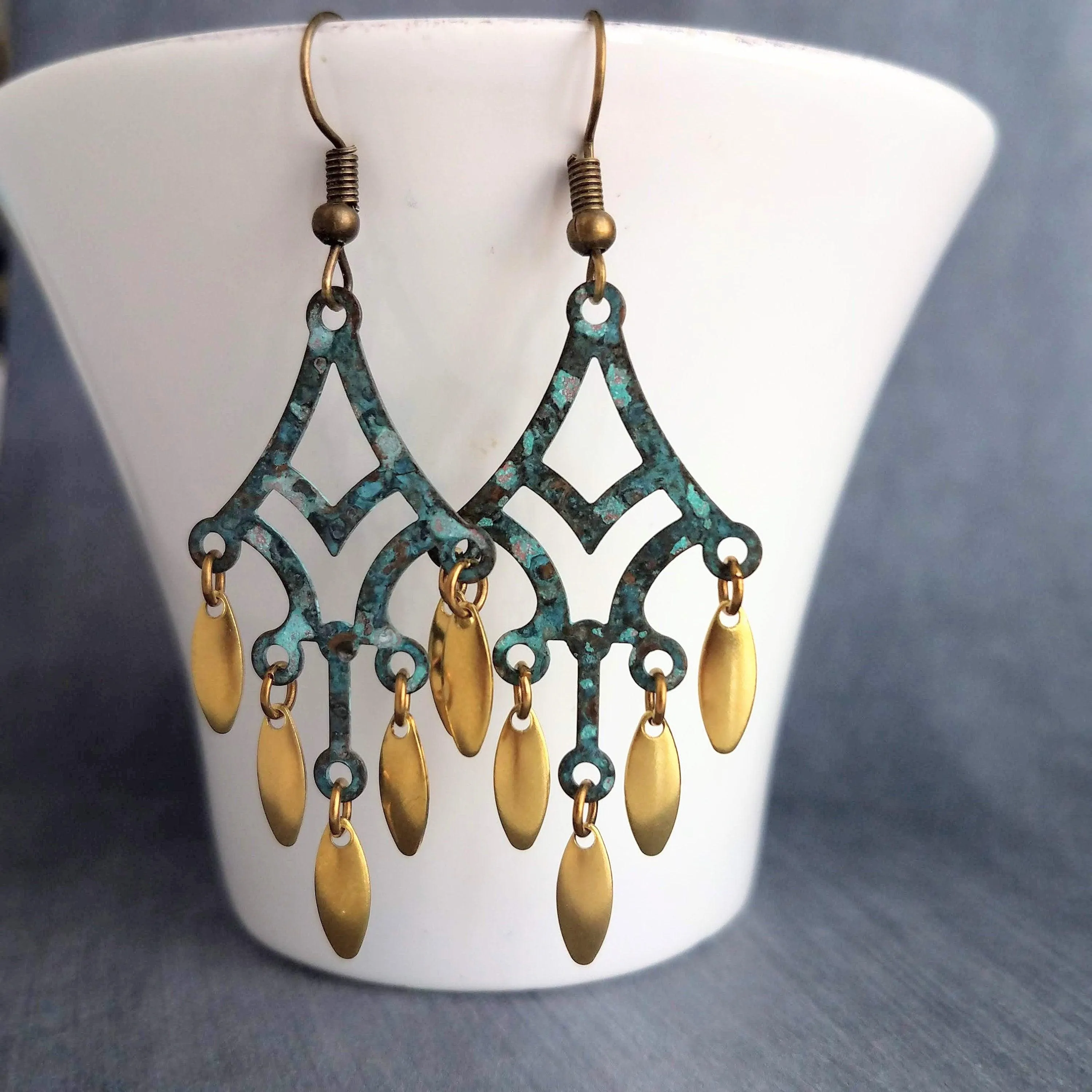 Patina Chandelier Earrings, bronze chandelier earring, large earring, extra long earring, verdigris patina, gold oval dangle, fringe earring