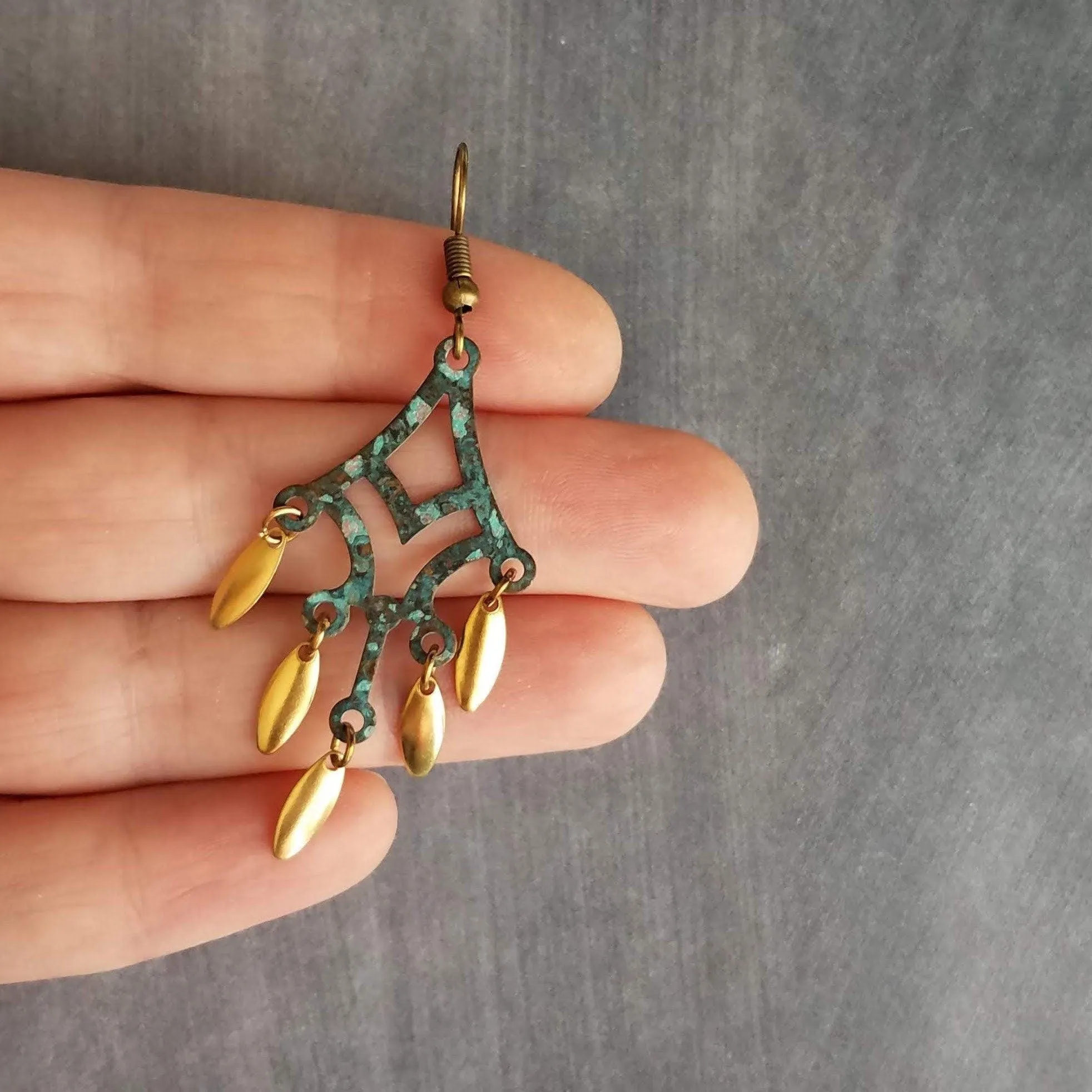 Patina Chandelier Earrings, bronze chandelier earring, large earring, extra long earring, verdigris patina, gold oval dangle, fringe earring