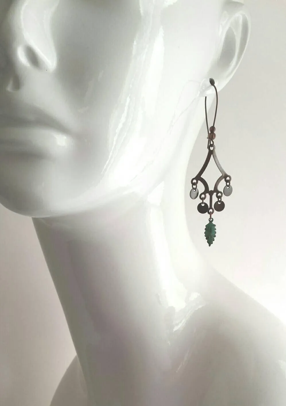 Patina Chandelier Earrings, bronze chandelier earring, large earring, extra long earring, verdigris patina, gold oval dangle, fringe earring