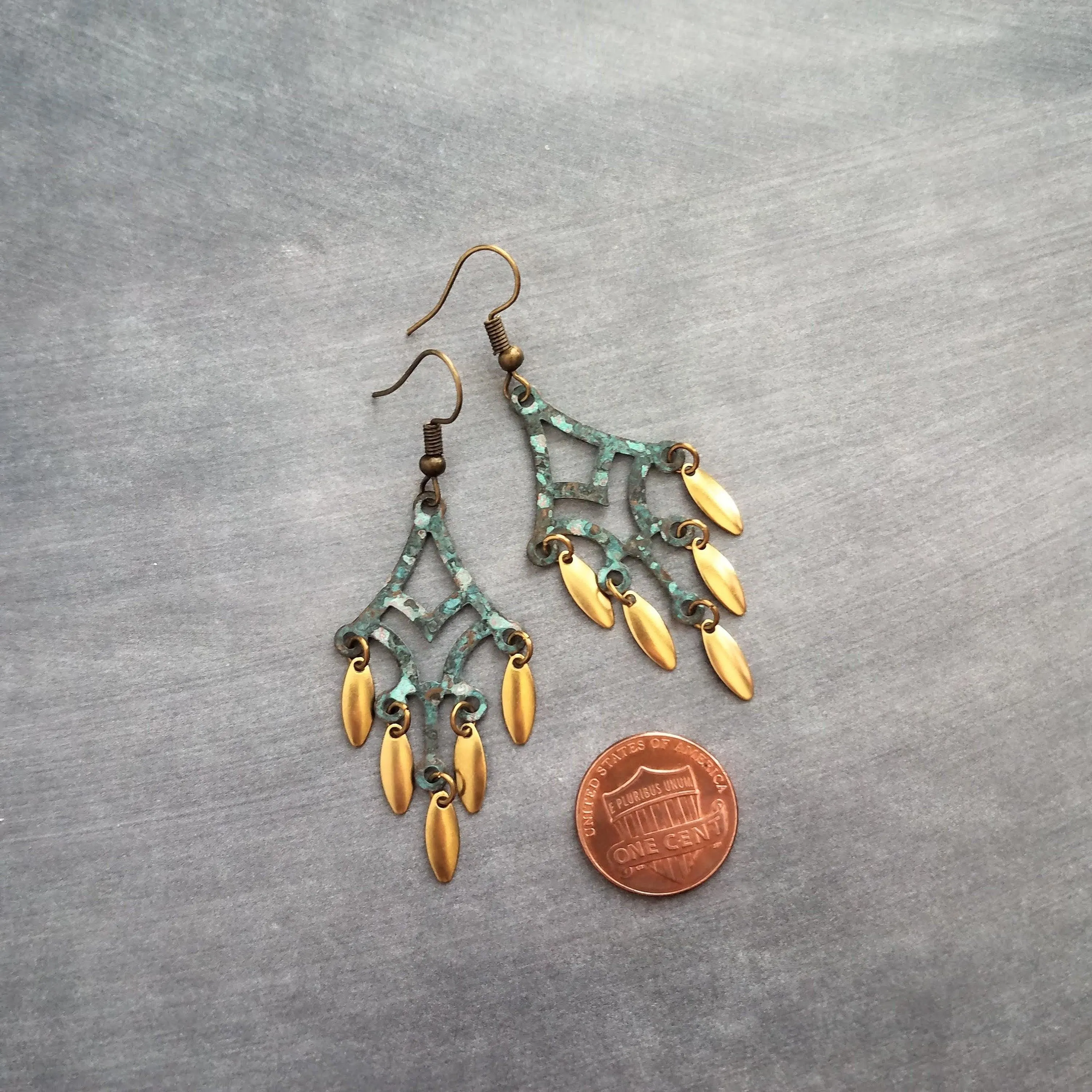 Patina Chandelier Earrings, bronze chandelier earring, large earring, extra long earring, verdigris patina, gold oval dangle, fringe earring