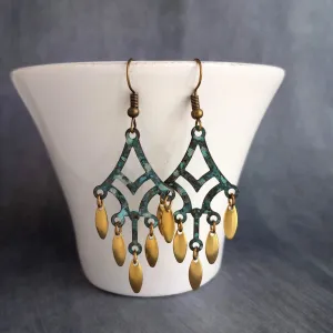 Patina Chandelier Earrings, bronze chandelier earring, large earring, extra long earring, verdigris patina, gold oval dangle, fringe earring
