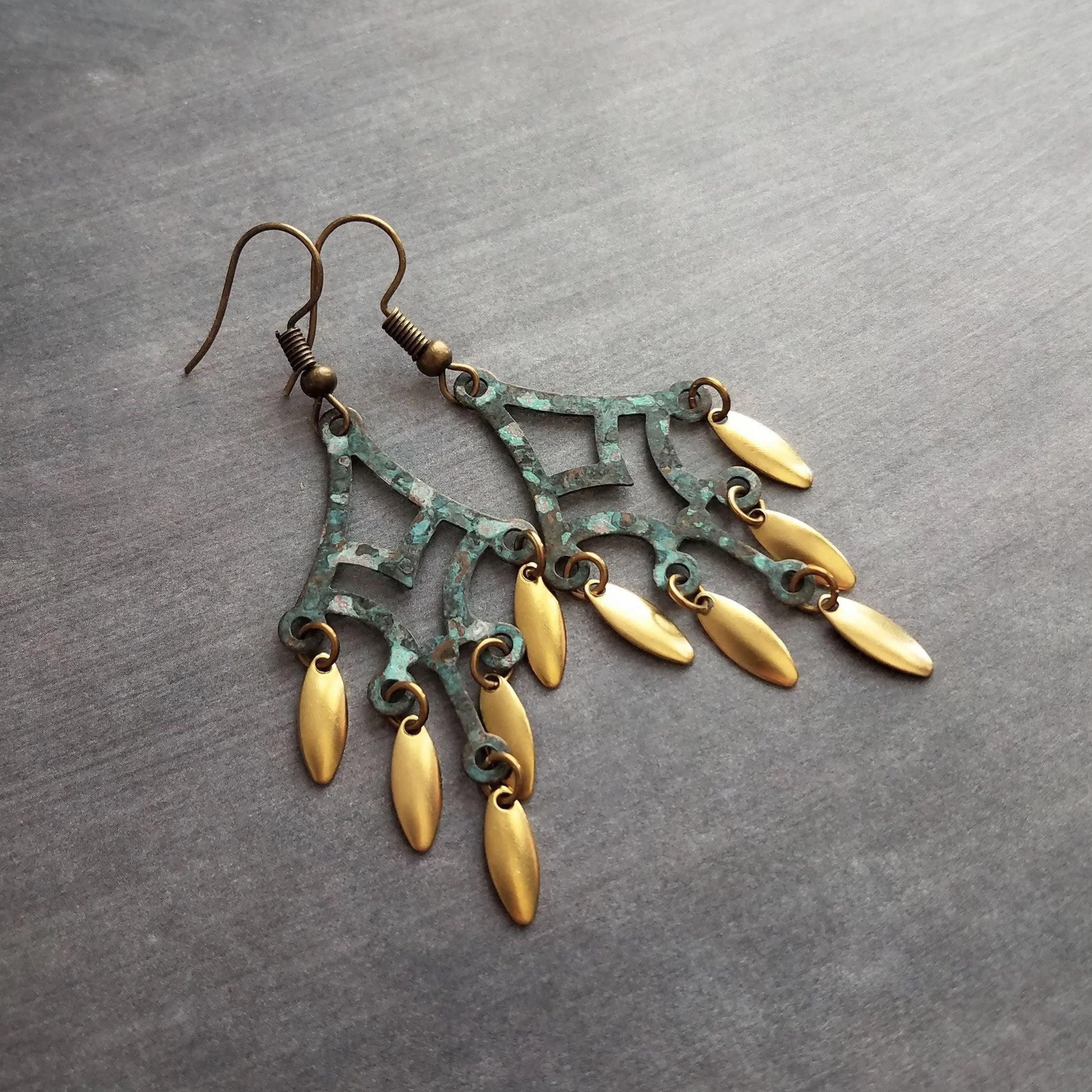 Patina Chandelier Earrings, bronze chandelier earring, large earring, extra long earring, verdigris patina, gold oval dangle, fringe earring