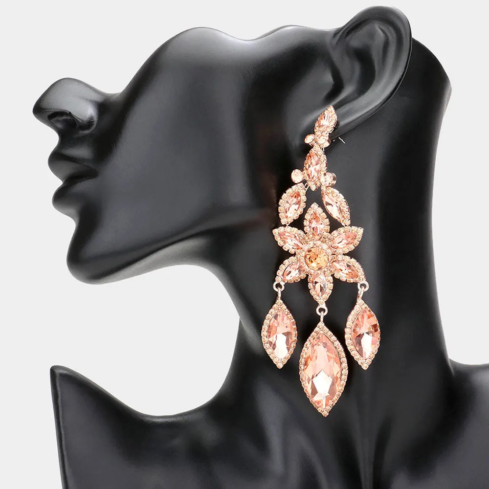 Peach Flower Triple Marquise Stone Chandelier Evening Earrings   | Statement Earrings | 608507
