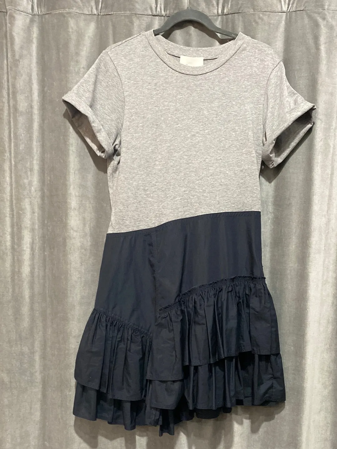 Phillip Lim Grey Cotton 'FLAMENCO' T Shirt Dress with Navy Ruffle Flare Bottom