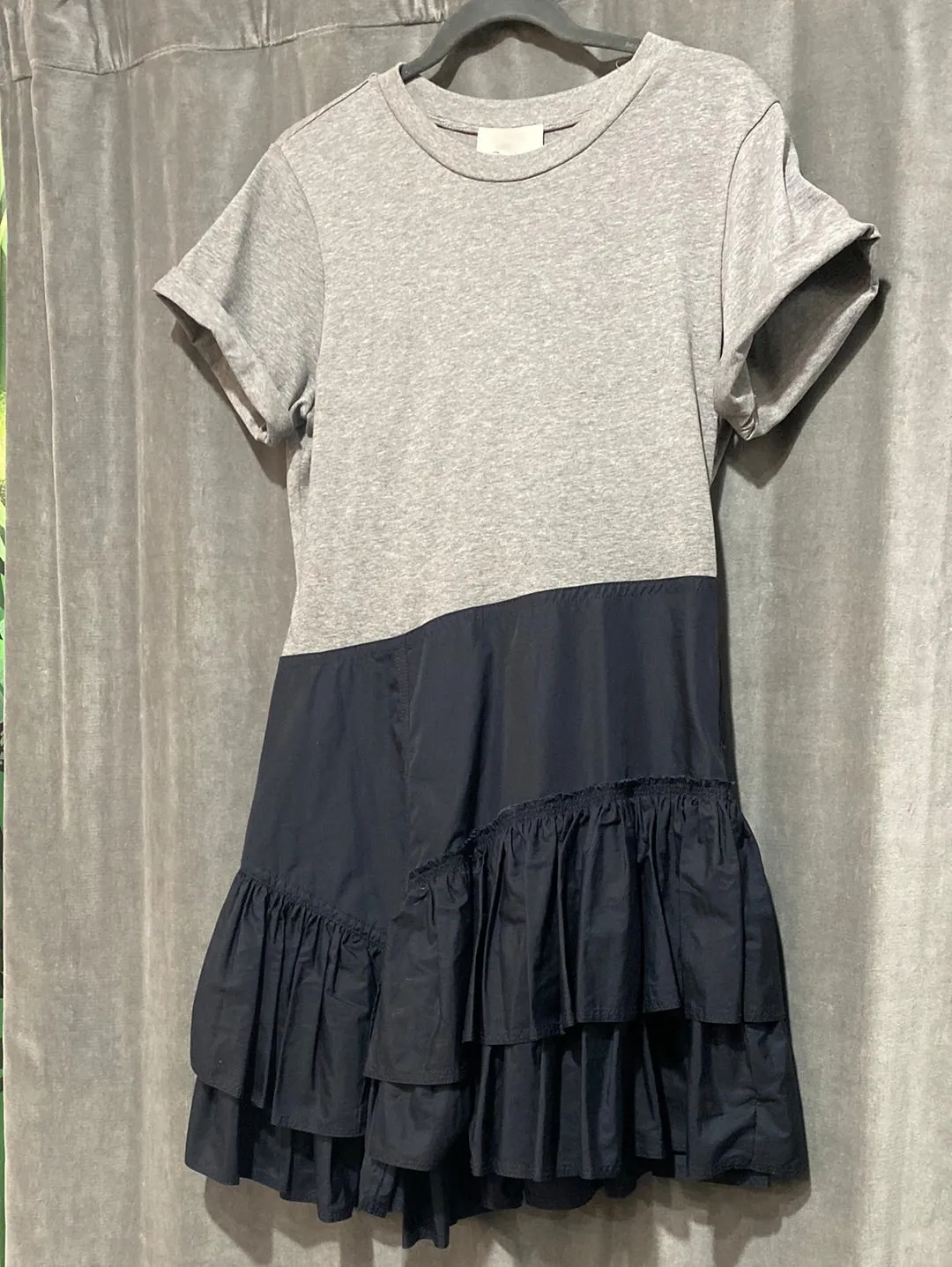 Phillip Lim Grey Cotton 'FLAMENCO' T Shirt Dress with Navy Ruffle Flare Bottom
