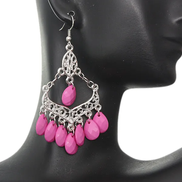 Pink Beaded Chandelier Dangle Earrings
