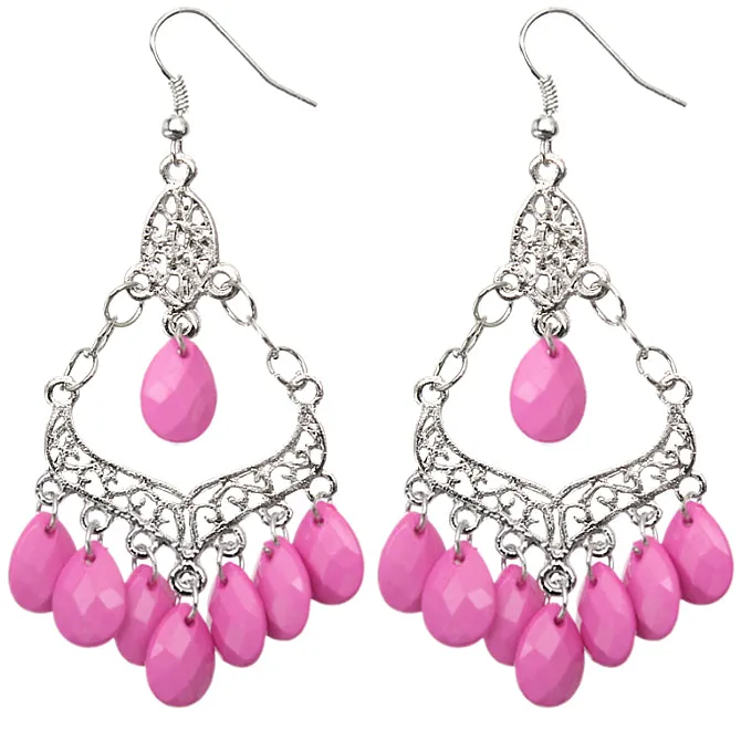 Pink Beaded Chandelier Dangle Earrings
