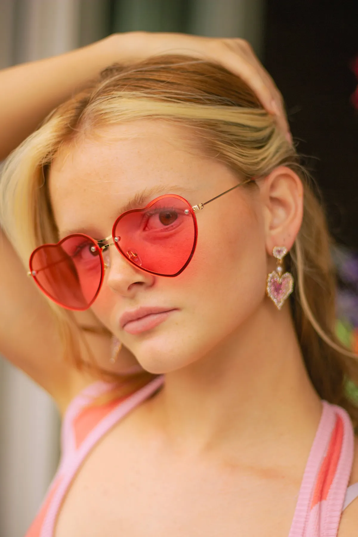 Pink Diamante Heart Dangle Earrings
