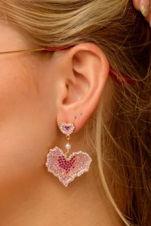 Pink Diamante Heart Dangle Earrings