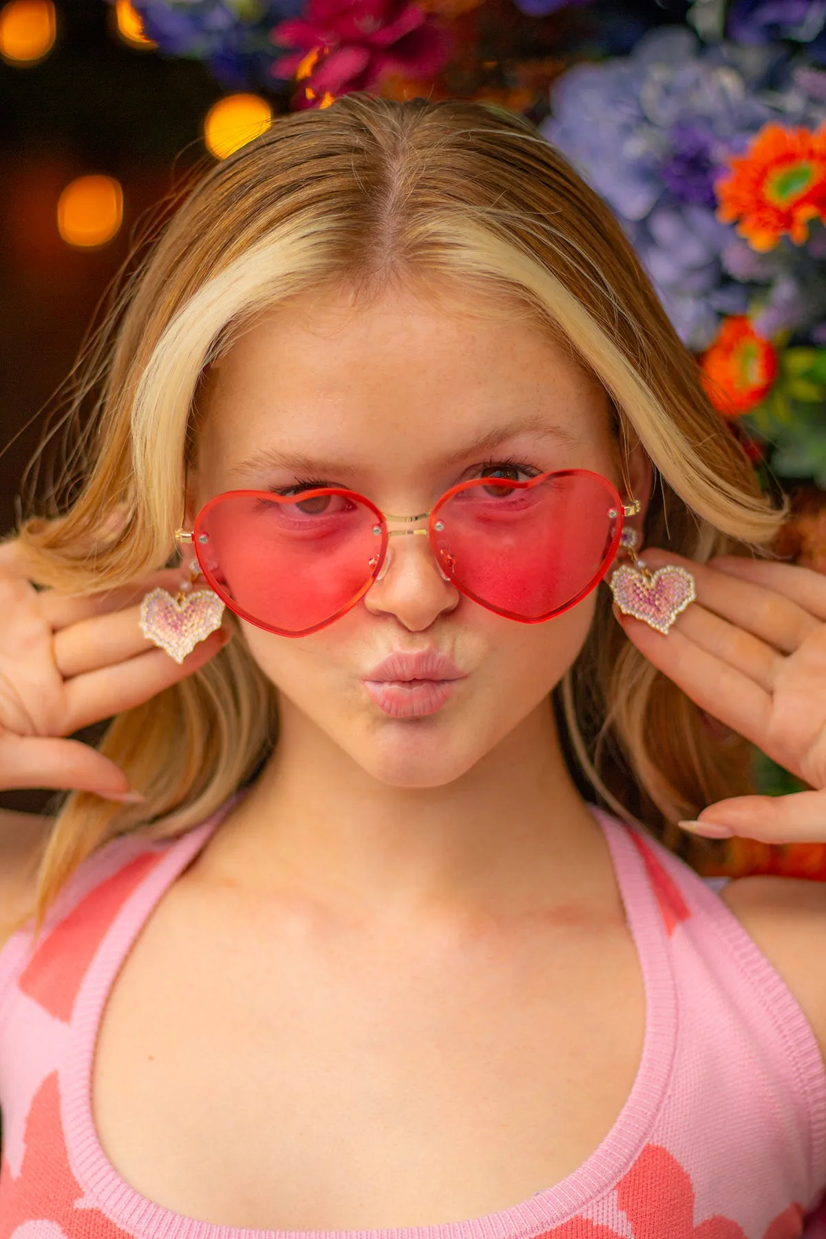 Pink Diamante Heart Dangle Earrings